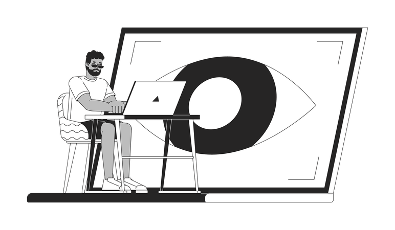 Man working on Eye control in laptop  Illustration