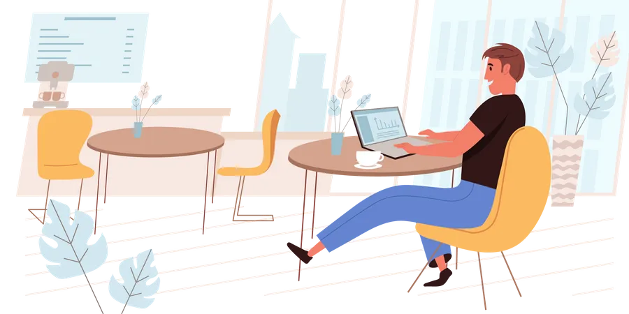 Freelance Working Concept In Flat Design Man Working On Laptop While Sitting At Table In Cafe Drink Coffee Doing Remote Work Performing Tasks Online Freelancers People Scene Vector Illustration Illustration