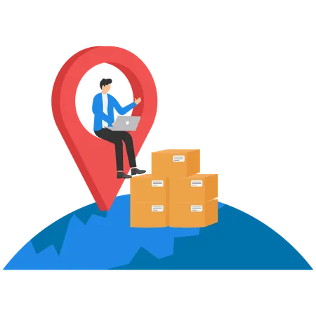 Man working on global delivery while sitting on location pointer  Illustration