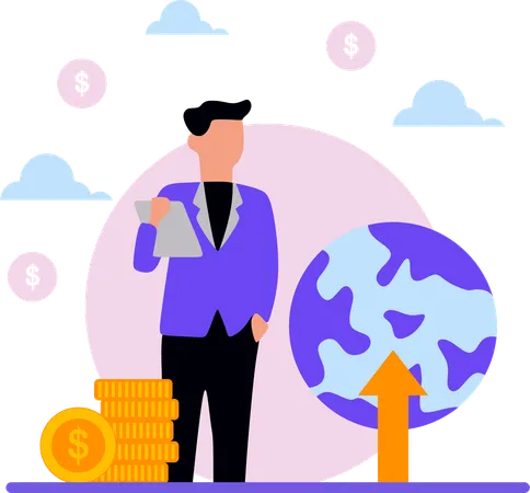 Man working on global financial market  Illustration