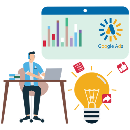 Man working on google ads analysis  Illustration