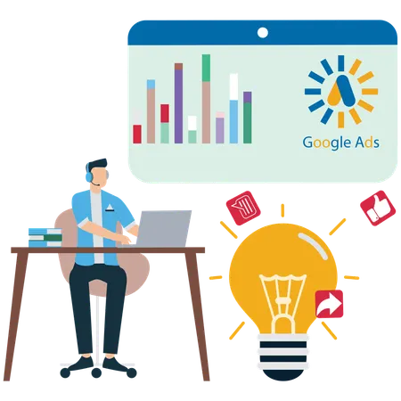 Man working on google ads analysis  Illustration