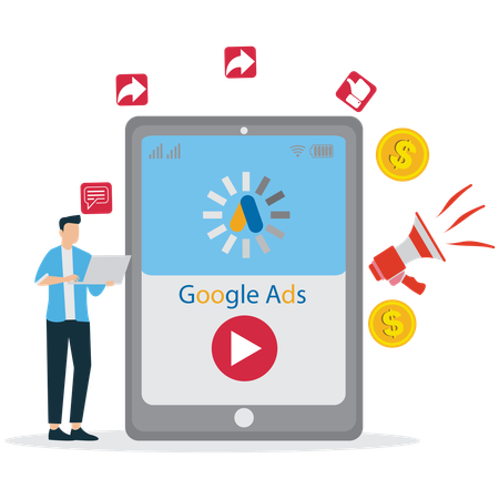 Man working on google ads video on laptop  Illustration