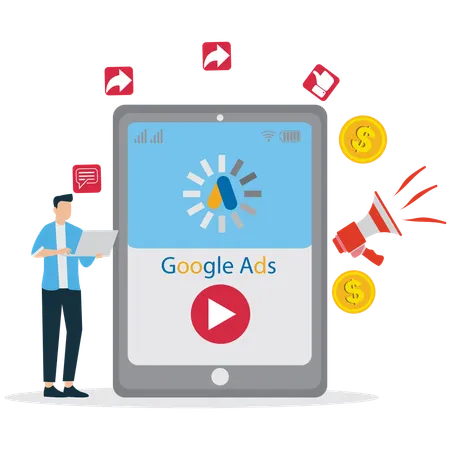 Man working on google ads video on laptop  Illustration