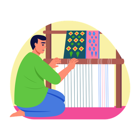 Man working on handcraft weaving  Illustration