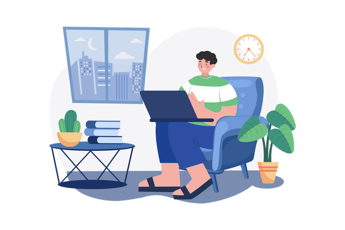 Man working on his laptop on the sofa at home  イラスト
