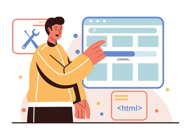 Man working on HTML development  Illustration