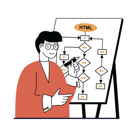 Man working on html flow chart  Illustration