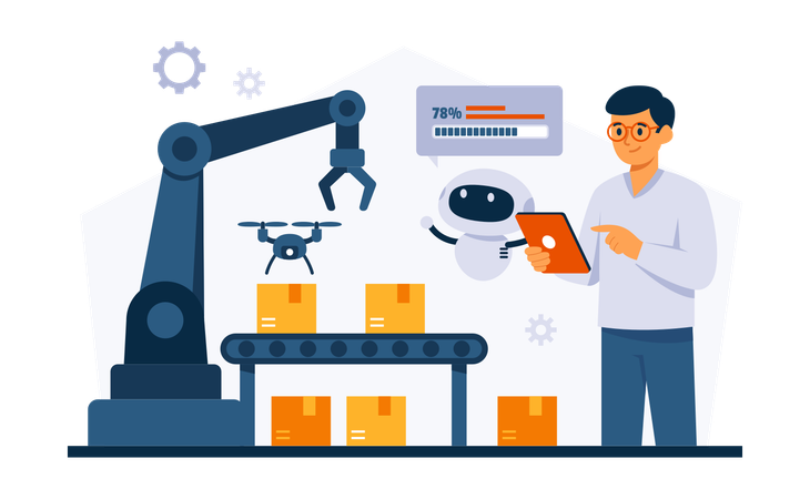 Man Working On Industrial Automation With Robots  Illustration