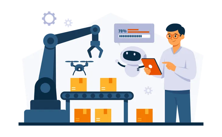 Man Working On Industrial Automation With Robots  Illustration