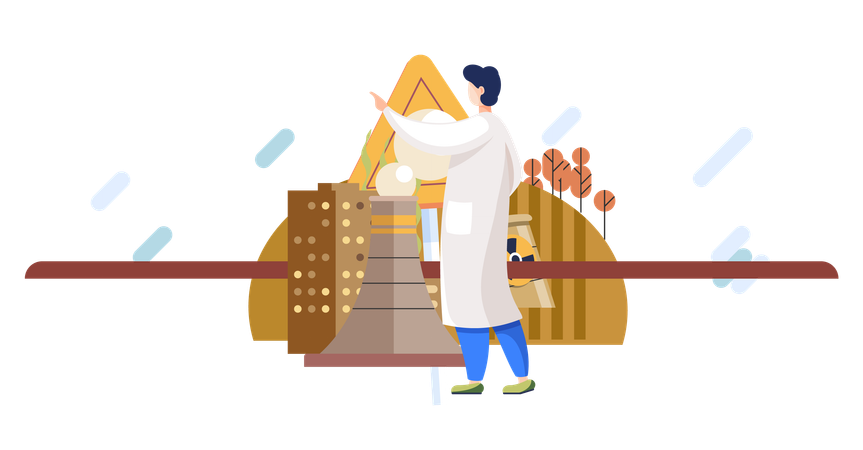 Man working on industrial production factories emitting smoke and harm environment  Illustration