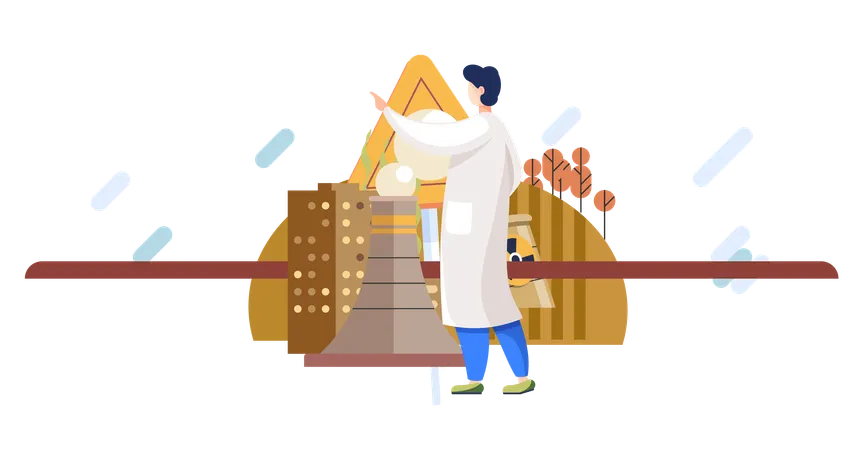 Man working on industrial production factories emitting smoke and harm environment  Illustration