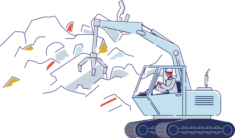 Man Working On Junkyard On Crane With Open Claw Sorting Piles Of Scrap Metal  Illustration