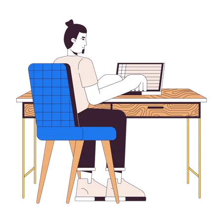 Man Working On Laptop 2 D Linear Cartoon Character European Office Worker At Desk Isolated Line Vector Person White Background Minimalist Workplace Of Freelancer Color Flat Spot Illustration Illustration