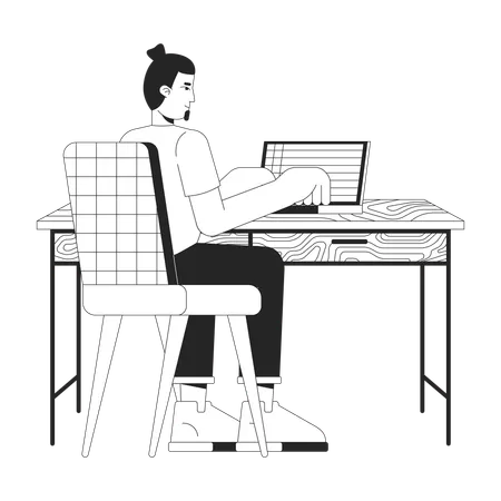Man Working On Laptop Black And White 2 D Line Cartoon Character European Office Worker At Desk Isolated Vector Outline Person Minimalist Workplace Of Freelancer Monochromatic Flat Spot Illustration Illustration