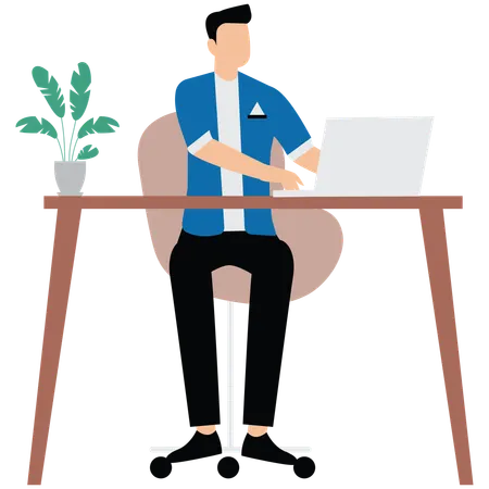 ノートパソコンで作業する男性  イラスト