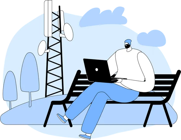 High Speed 5 G Internet Social Media Networking Young Man Sitting On Bench With Laptop In Hands Near Transmission Telecommunication Tower Communicating Online Cartoon Flat Vector Illustration Illustration