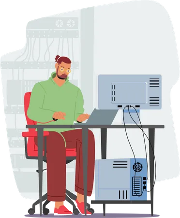 Male Character Working With Big Data And Tech Information On Laptop System Administrator Setting Software Man Sysadmin Or Coder At Work With Computer Cartoon People Vector Illustration Illustration