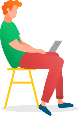 Man Sitting On The Tabouret And Working With Laptop In Social Networks Isolated On White Redheaded Male Character On The Chair In Casual Clothes Holding Computer On His Knees Typing On The Keyboard Illustration
