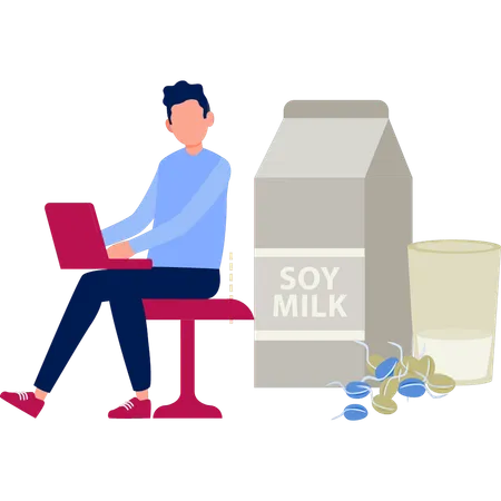 Man working on laptop about soy milk protein  Illustration