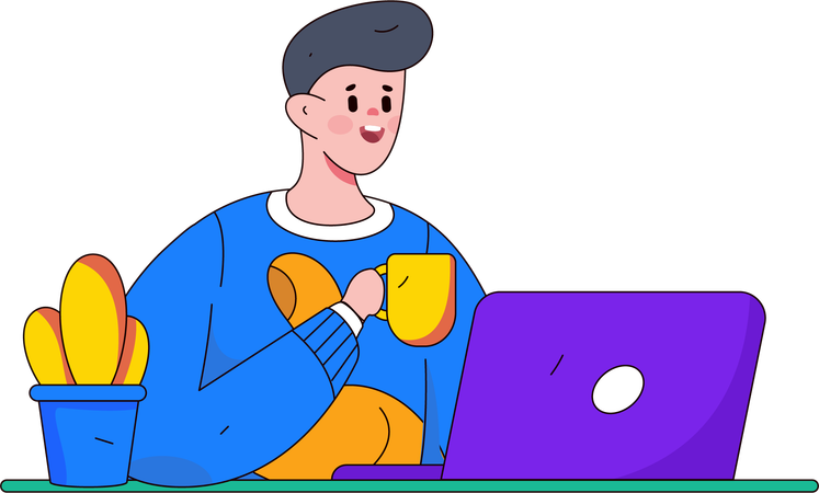 Man working on laptop and drinking coffee  Illustration