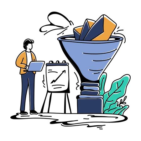 Man working on laptop and filtering data  Illustration