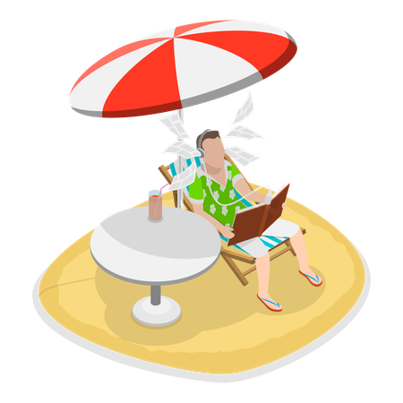 Man working on laptop at beach  Illustration
