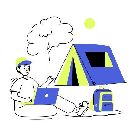 Man working on laptop at camping site  일러스트레이션