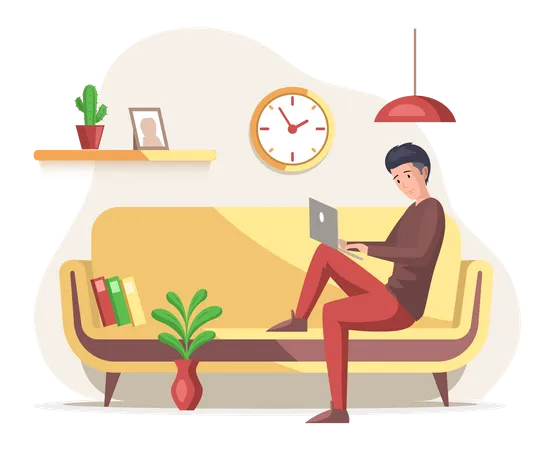 Man Working Person Sitting In Room And Correspondence Surfing Internet Male Character Communicating Through Network On Laptop Freelance Work From Home And Home Office Concept Working People Illustration