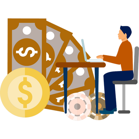 Man working on  laptop for earning money from playing game  Illustration