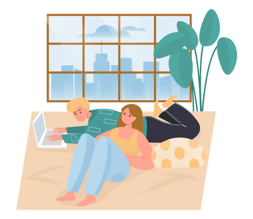 Man working on laptop from home with his wife Illustration