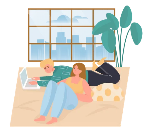 Man working on laptop from home with his wife  Illustration