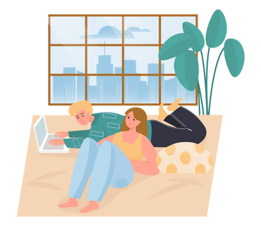 Man working on laptop from home with his wife  Illustration