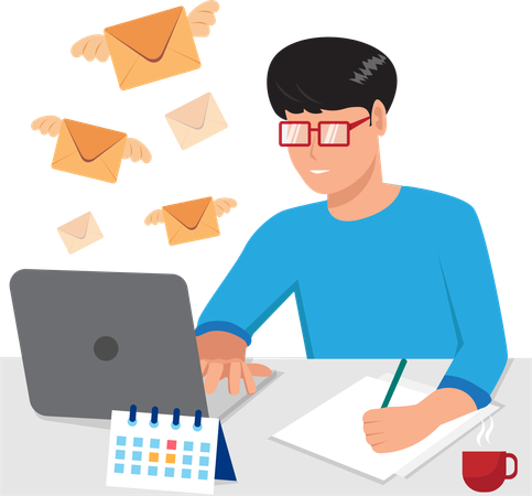 Man working on laptop in office and receiving or sending emails  Illustration