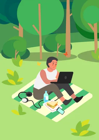 Man With Laptop In The Park Male Character Holding Device Man Using Notebook And Working Outdoors Internet Addiction Flat Vector Illustration Illustration