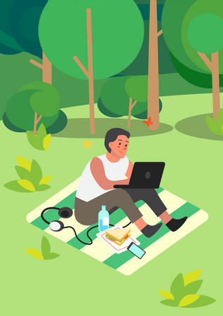 Man working on laptop in park  Illustration