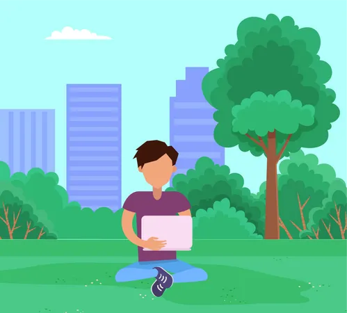 Man working on laptop in park  Illustration