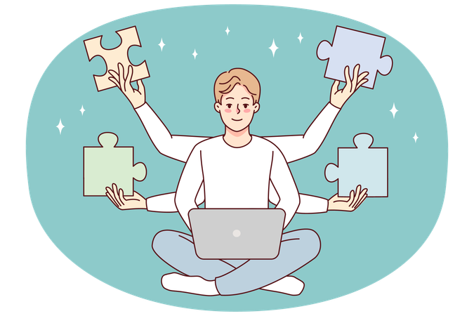 Man working on laptop solve business problem  Illustration