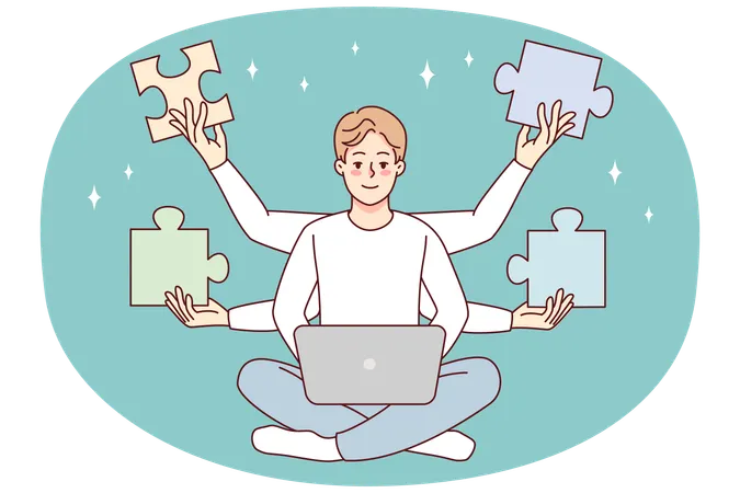 Man working on laptop solve business problem  Illustration