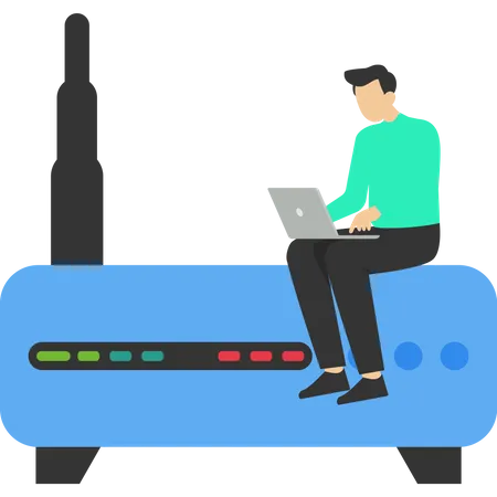 Man working on laptop using wifi device  Illustration