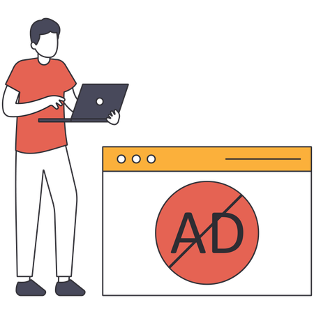 Man working on laptop while blocking AD  Illustration