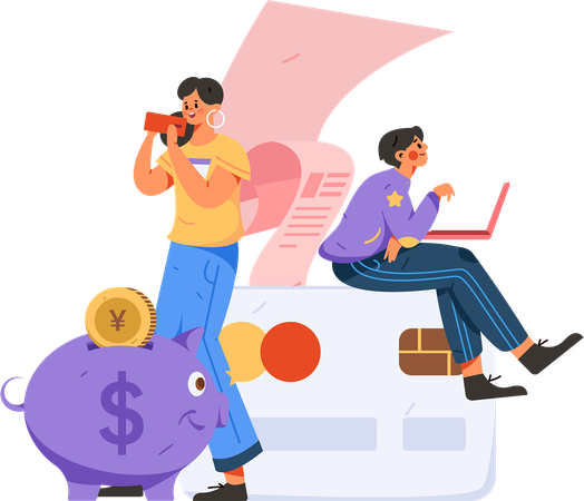 Man working on laptop while doing credit card payment  Illustration