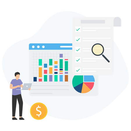 Man working on laptop while doing Data Analysis  Illustration