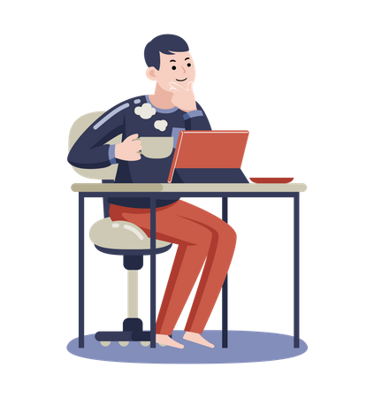 Man working on laptop while drinking coffee Illustration