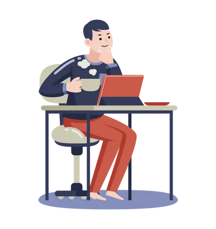 Man working on laptop while drinking coffee Illustration