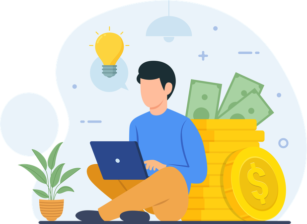 オンラインでお金を稼ぐアイデアを得ながらノートパソコンで作業する男性  イラスト