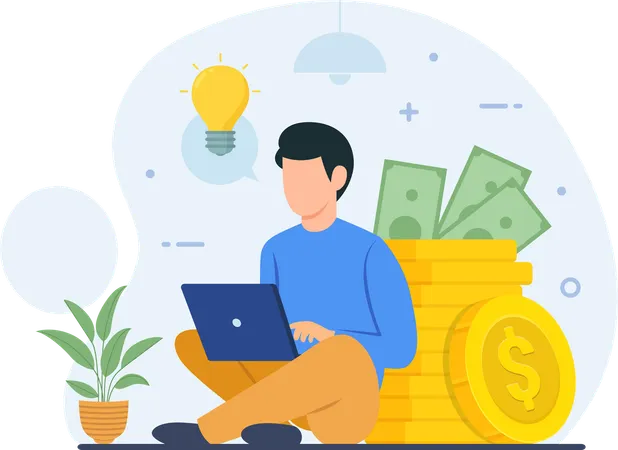 オンラインでお金を稼ぐアイデアを得ながらノートパソコンで作業する男性  イラスト