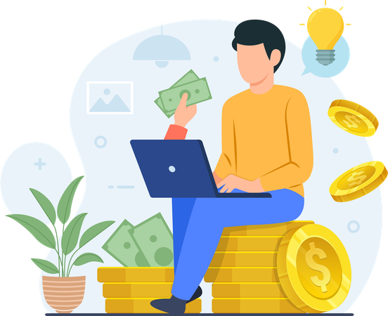 オンラインでお金を稼ぎながらノートパソコンで作業する男性  イラスト