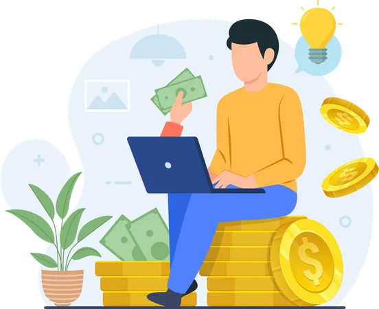 オンラインでお金を稼ぎながらノートパソコンで作業する男性  イラスト
