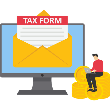 Man working on laptop while getting tax form mail  Illustration